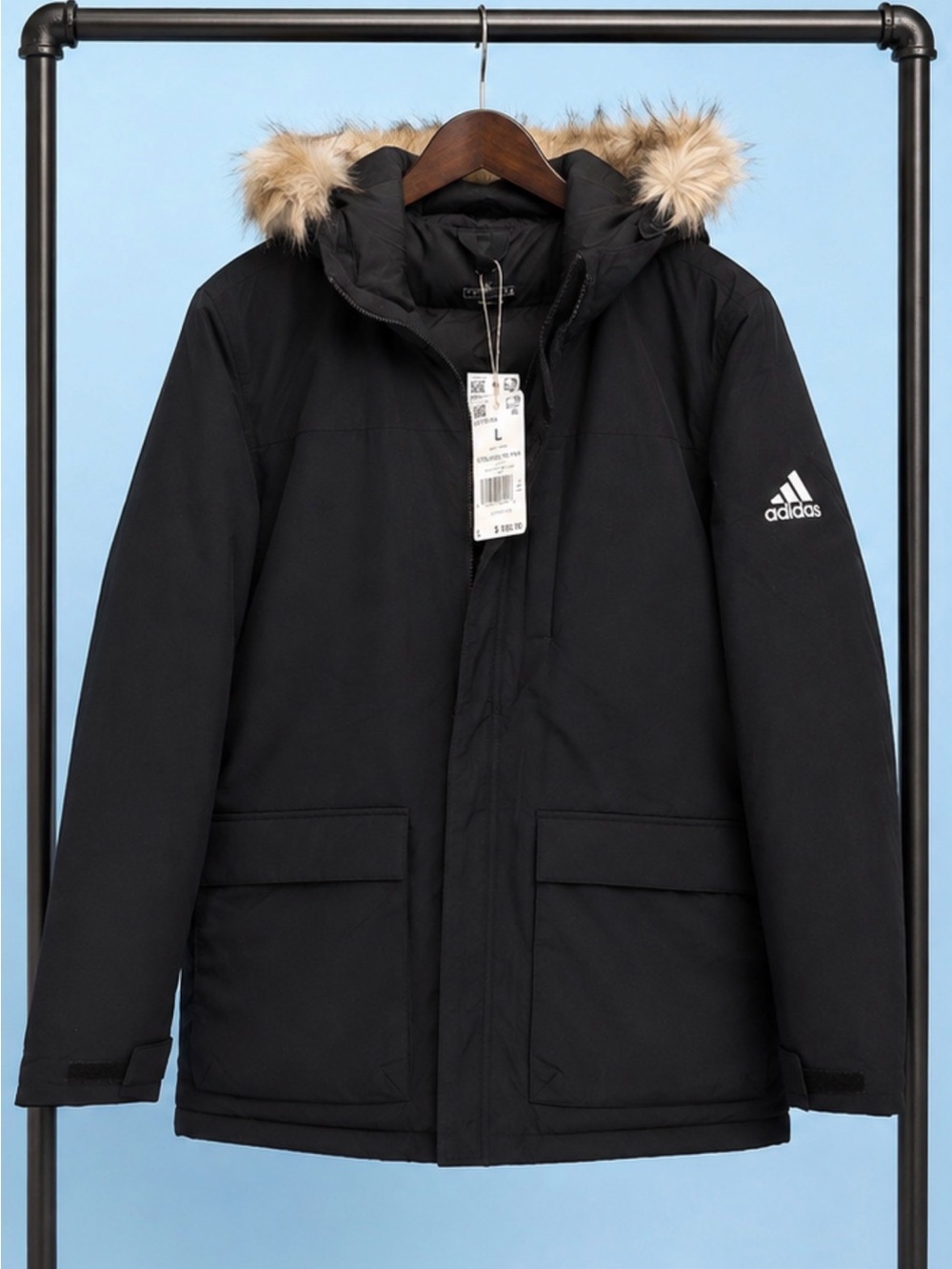 Adidas Men's size LARGE black hooded Parka with Faux Fur Trim on Hood